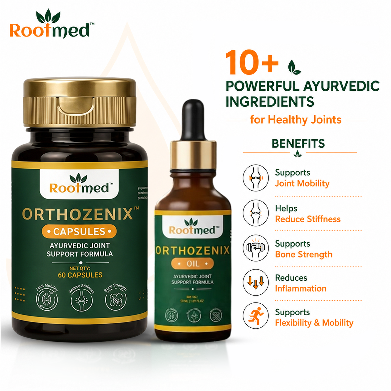 Rootmed Orthozenix Joint & Muscle Care Combo – 60 Capsules & 50ml Pain Relief Oil