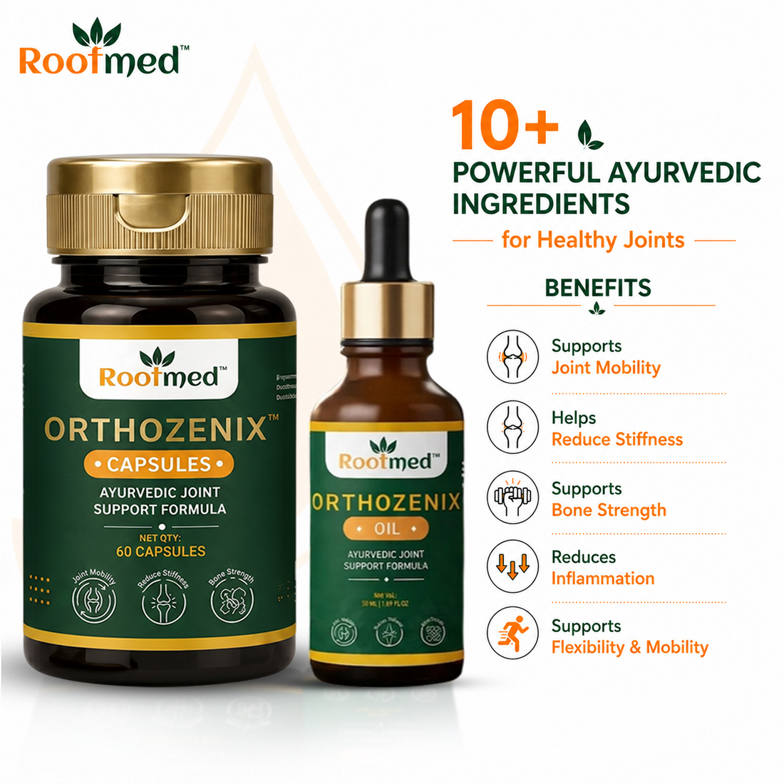 Rootmed Orthozenix Joint & Muscle Care Combo – 60 Capsules & 50ml Pain Relief Oil