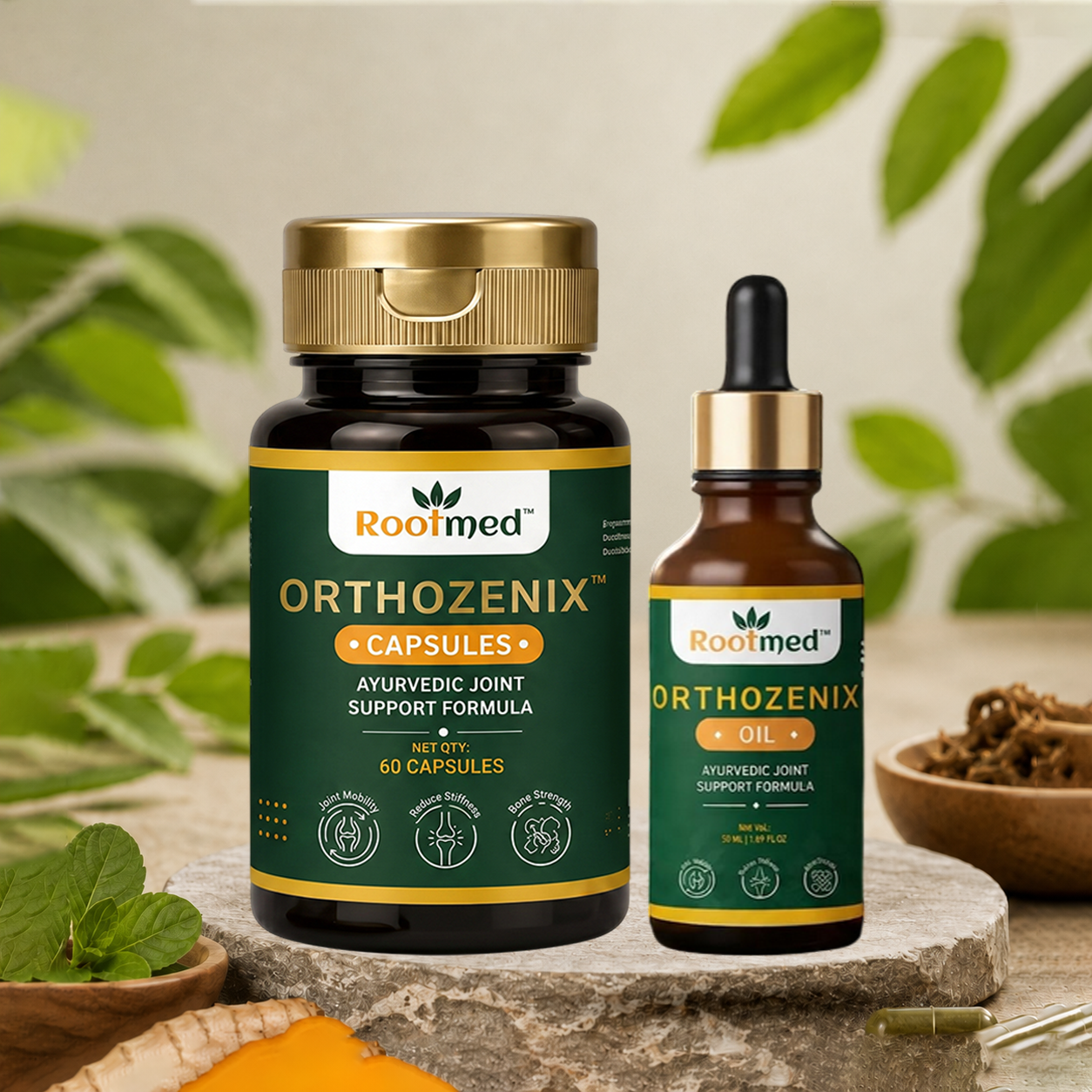 Rootmed Orthozenix Joint & Muscle Care Combo – 60 Capsules & 50ml Pain Relief Oil