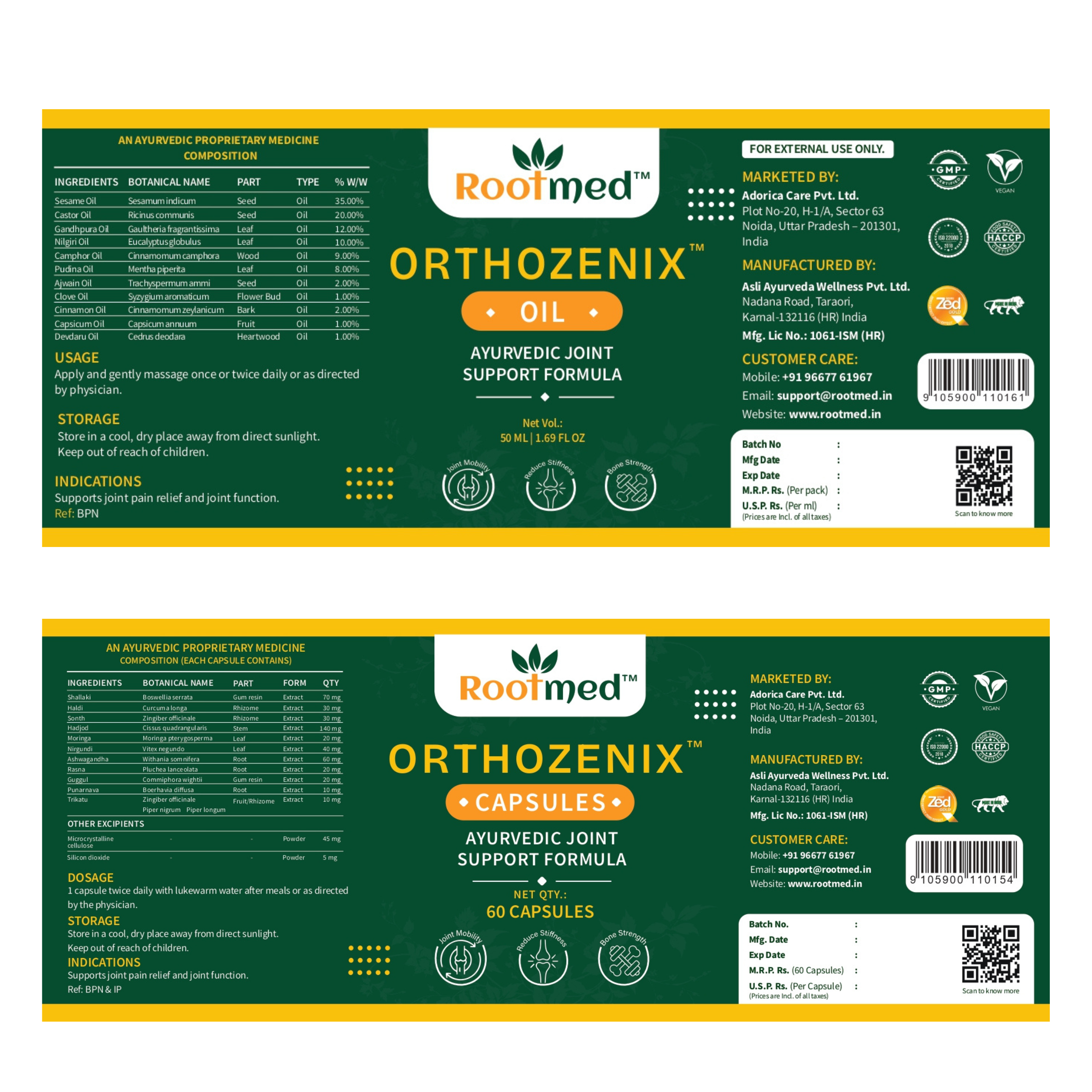 Rootmed Orthozenix Joint & Muscle Care Combo – 60 Capsules & 50ml Pain Relief Oil