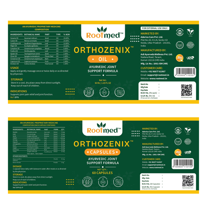 Rootmed Orthozenix Joint & Muscle Care Combo – 60 Capsules & 50ml Pain Relief Oil